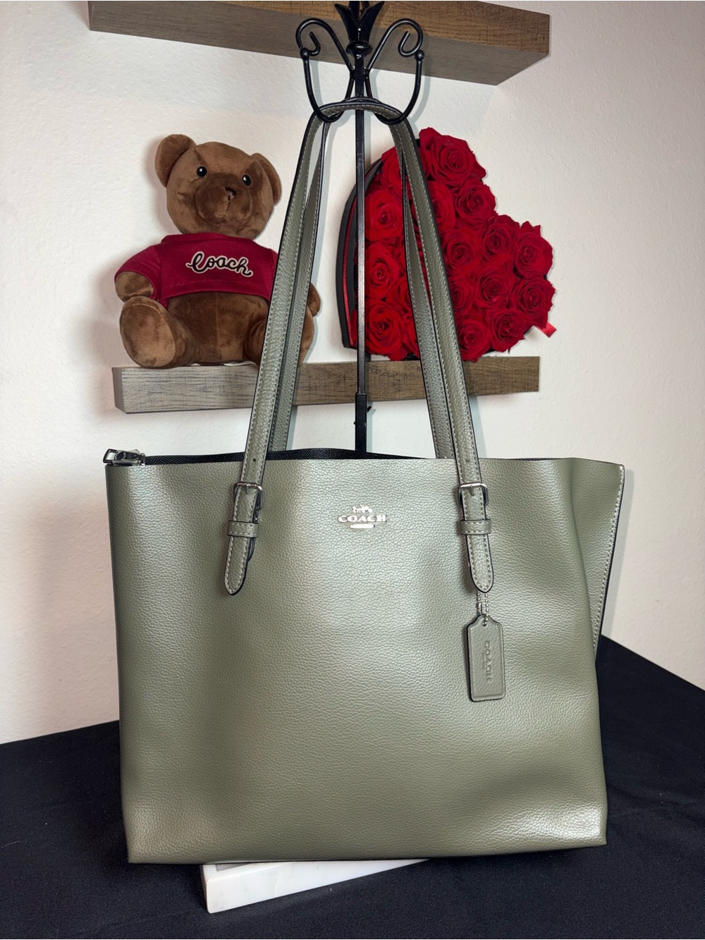 COACH Mollie Olive Green Pebbled Leather Tote with Adjustable Straps